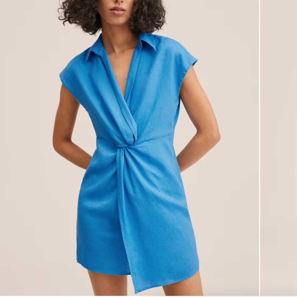 Mango Blue Linen-Blend Shirt Dress NWT Size XS 2